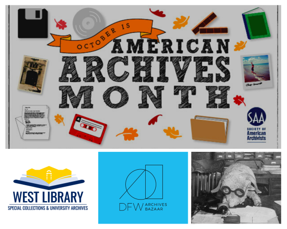 Ad for archives month with old things such as a floppy disk, cassette tape, and photo film negatives. 